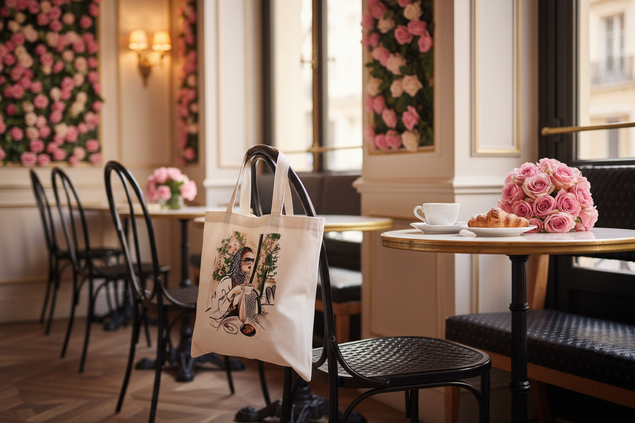 Cafe Rose Tote - romantic Parisian cafe lifestyle shot