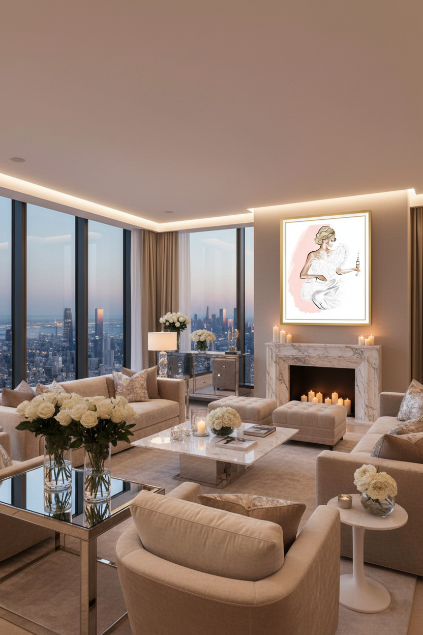 Champagne Lady Art Print in Penthouse Living Room