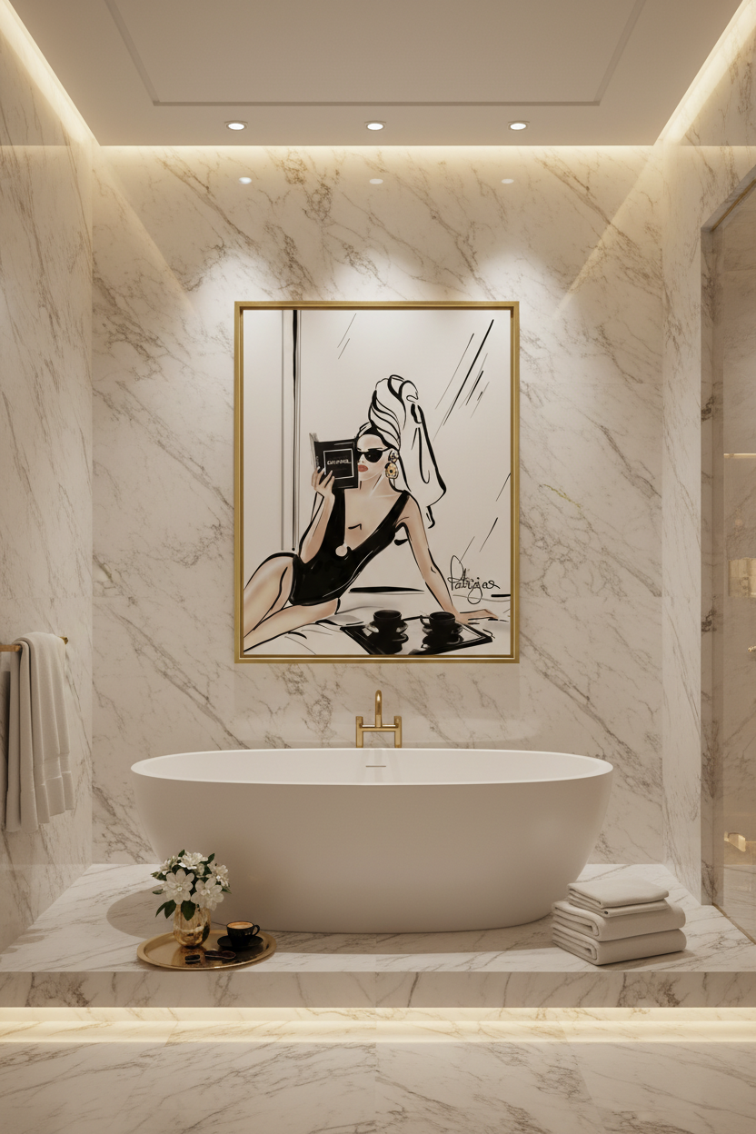 Chanel Book Lady Art Print in Penthouse Spa Bathroom