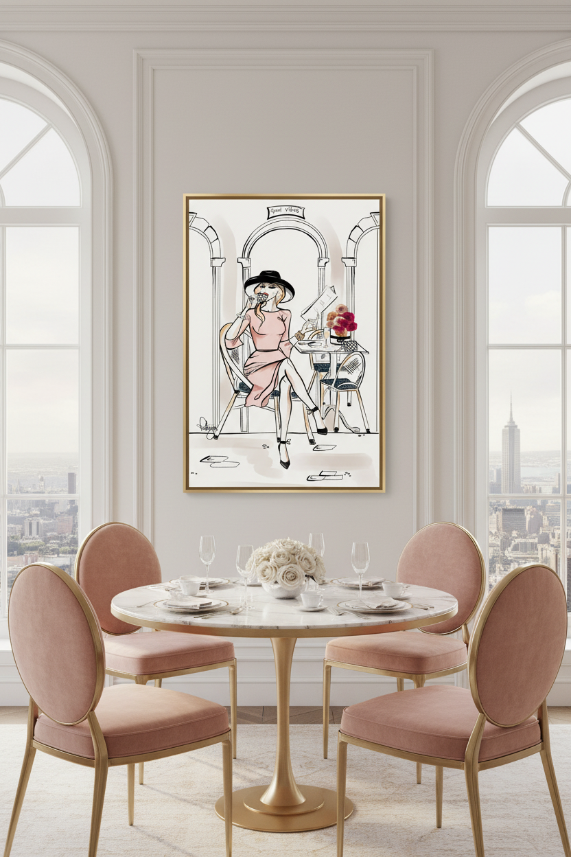 Good Vibes Cafe Girl Art Print in Penthouse Dining Room