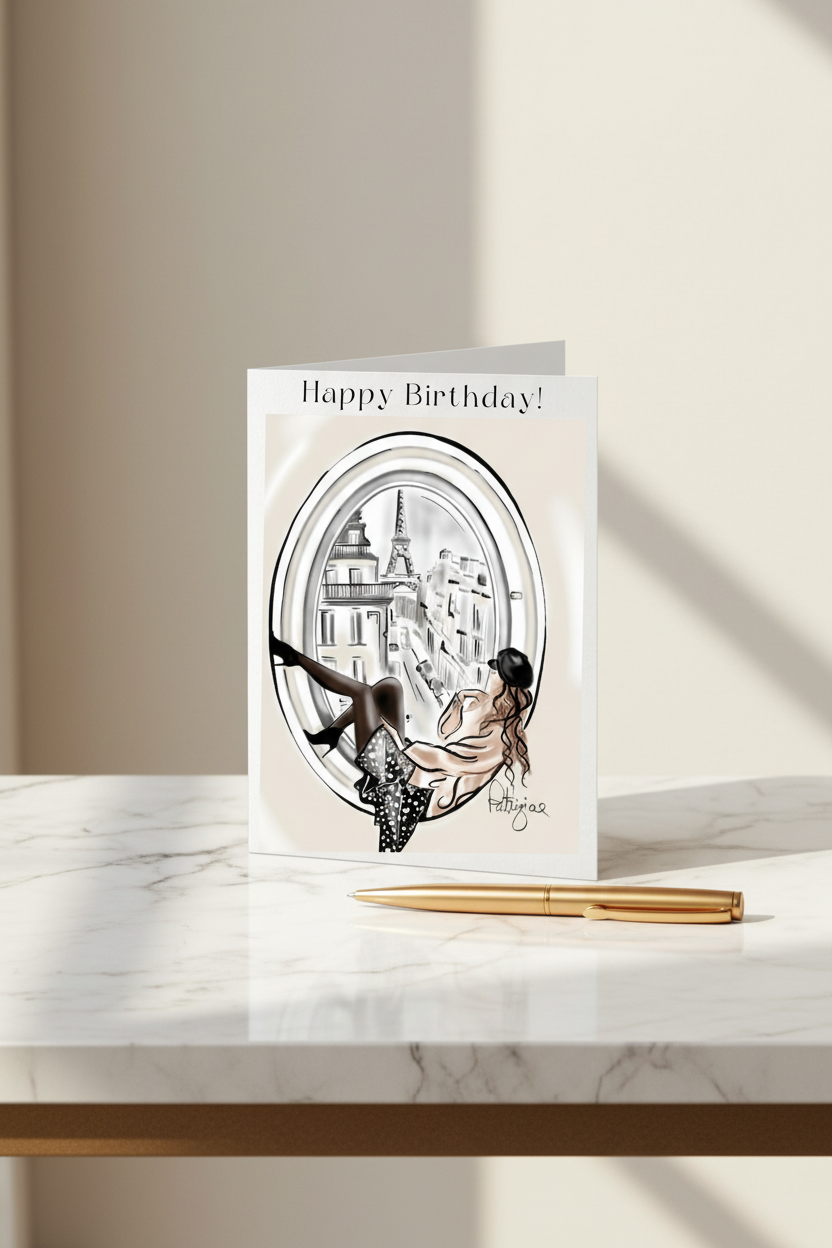 Happy Birthday Paris Window Card - Marble Desk Mock-up