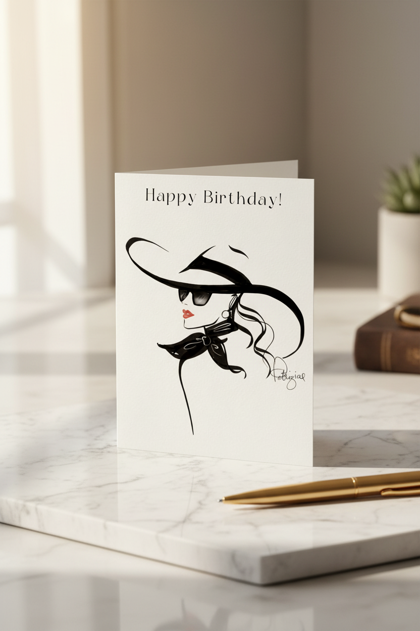 Happy Birthday Wide Brim Hat Card - Marble Desk Mock-up