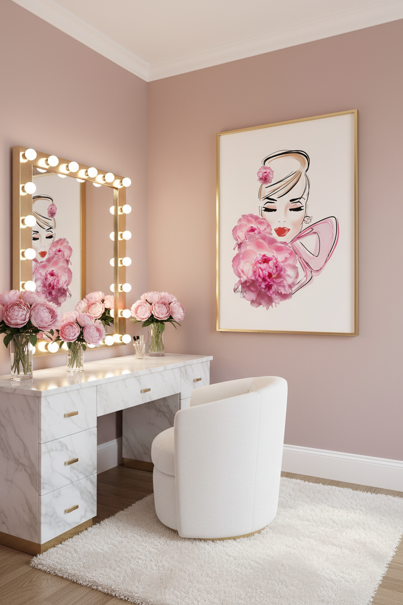 Peony Lady Art Print on Wall in Penthouse Dressing Room