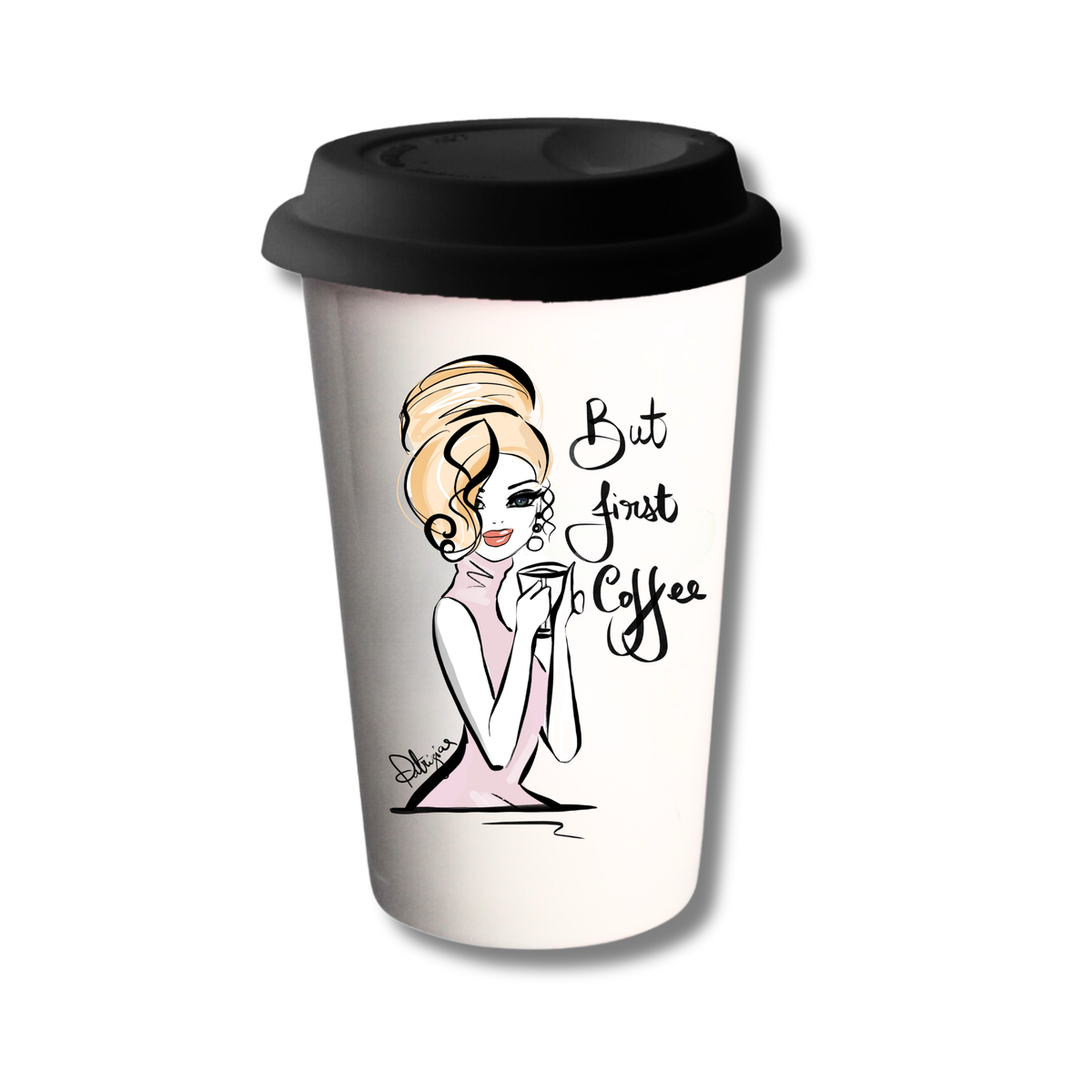 Ceramic Travel Mug - But first coffee (pink)