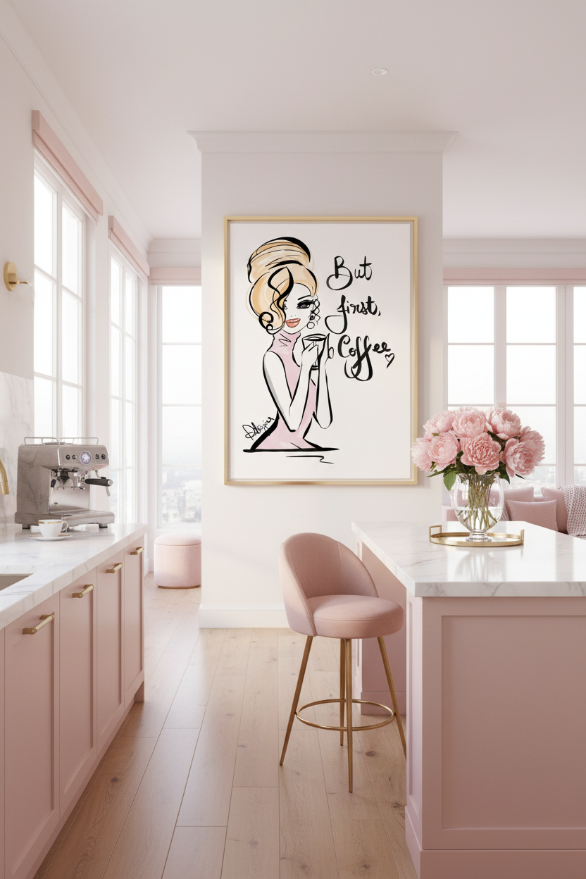 But First Coffee Blush Art Print in Penthouse Kitchen