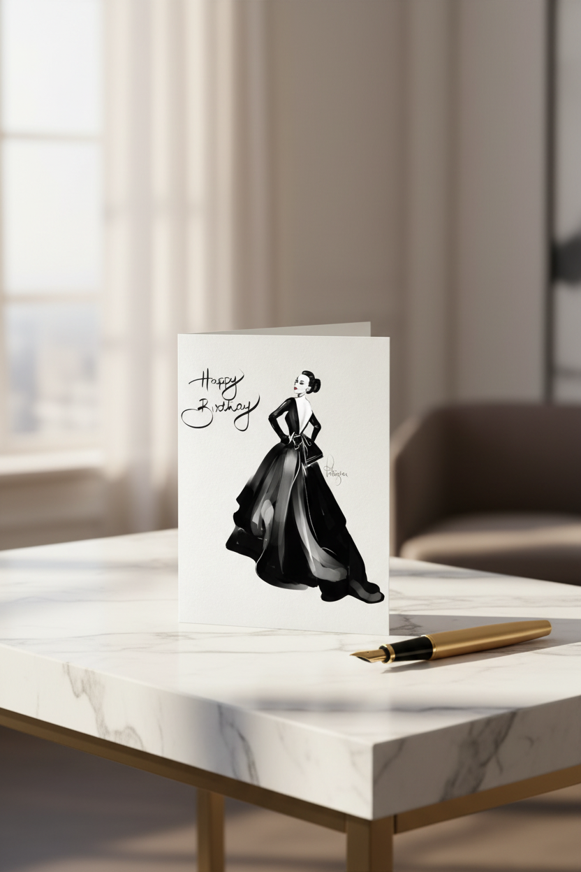 Happy Birthday Ballgown Card - Marble Desk Mock-up
