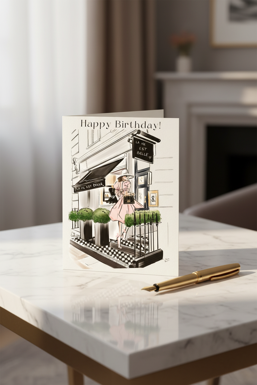 Happy Birthday La Vie Est Belle Card - Marble Desk Mock-up